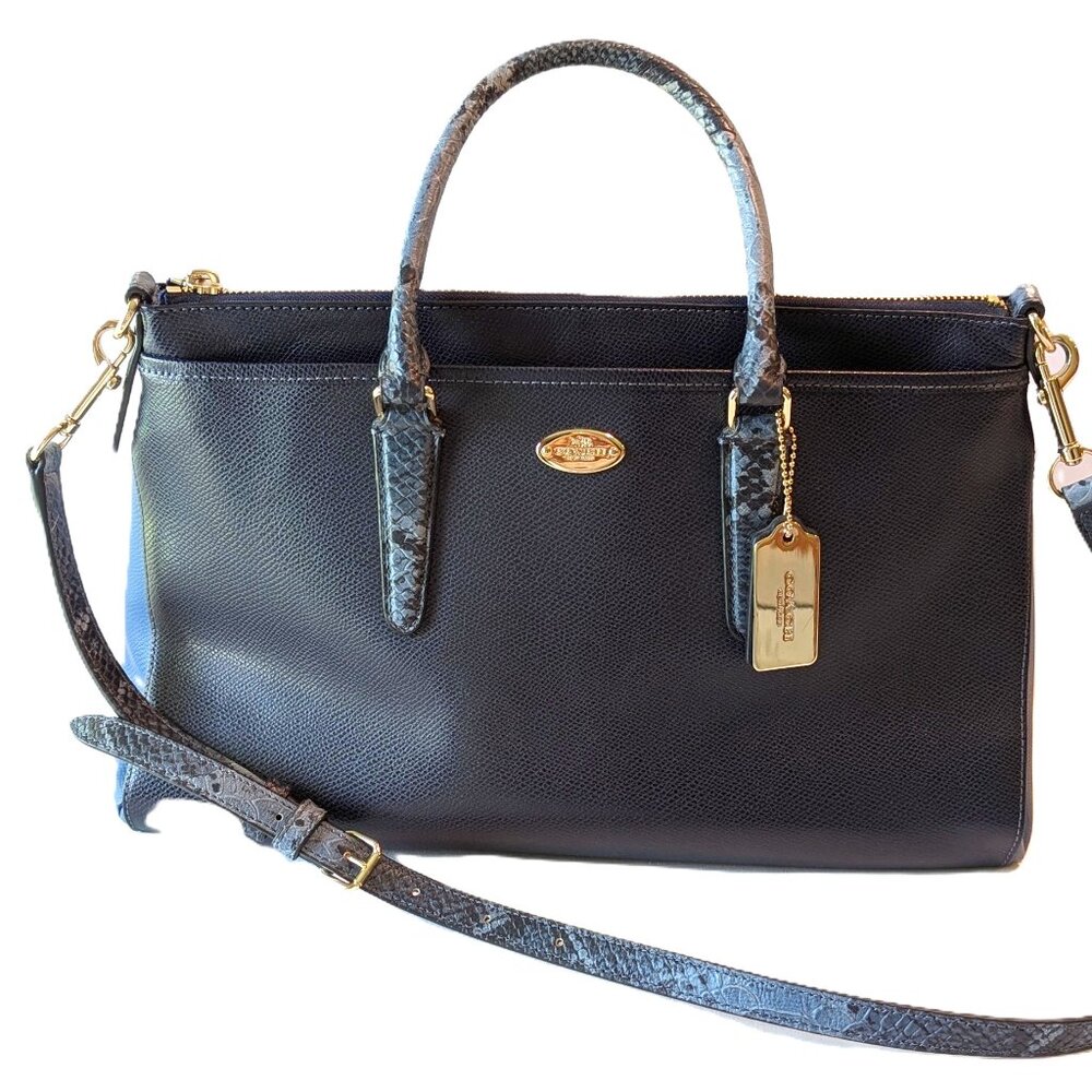 Coach Morgan Navy Leather Satchel Shoulder Bag w/Python Trim   F35887